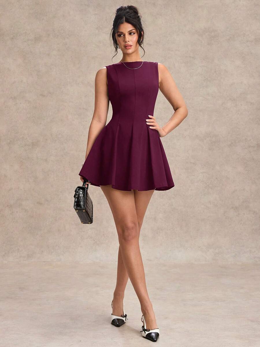 SHEIN BAE Váy ôm sát dáng chữ A cổ chéo màu đen tối giản, váy mùa hè đơn giản gợi cảm, thích hợp cho ngày lễ tình nhân, tiệc cưới phù dâu, váy đen nhỏ thanh lịch - Màu Tím - Xem 1