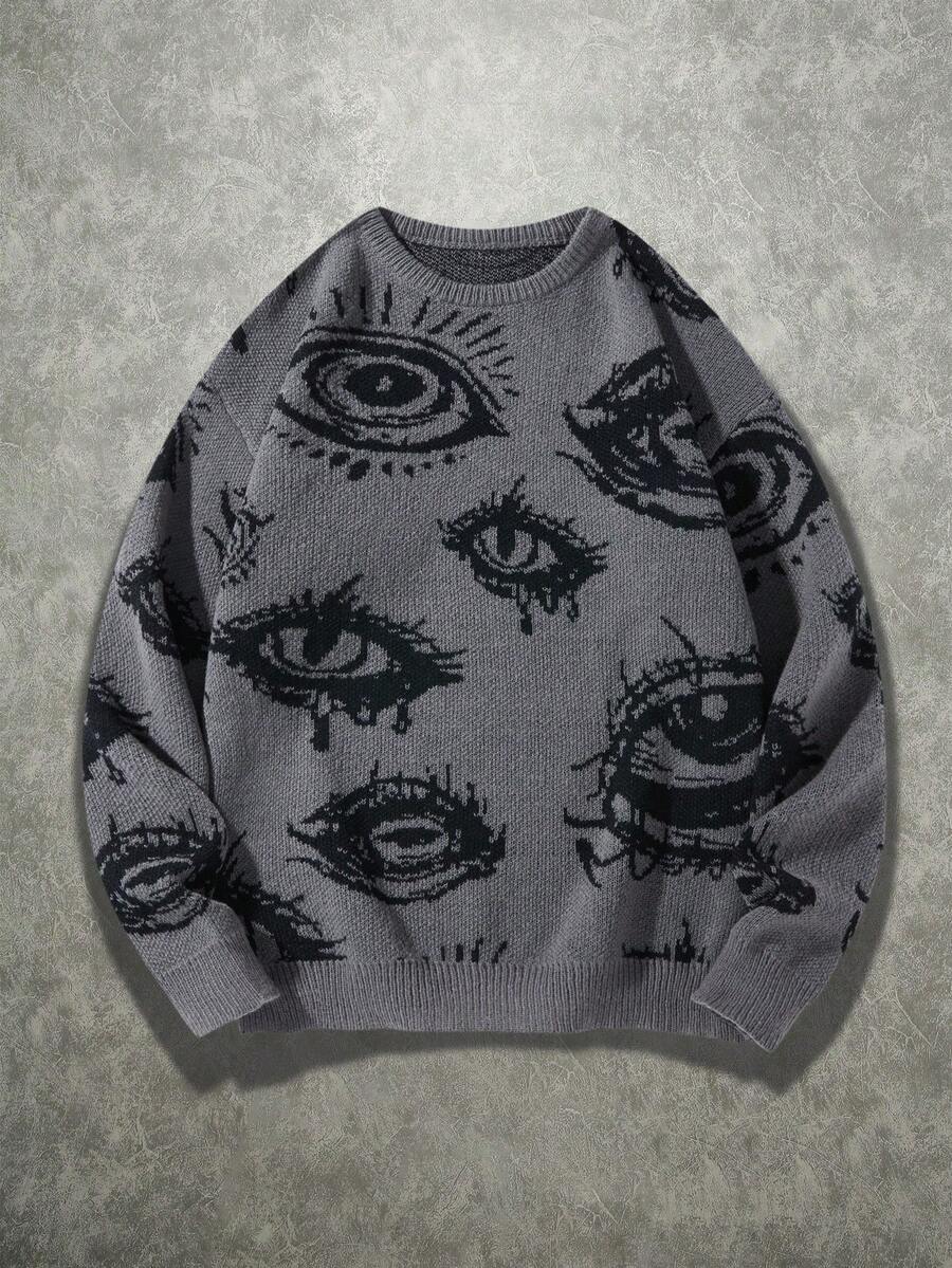 Manfinity ZONE917 Áo len dài tay cổ tròn họa tiết mắt dáng rộng cho nam, mùa thu/đông - Màu xám đen - Xem 1