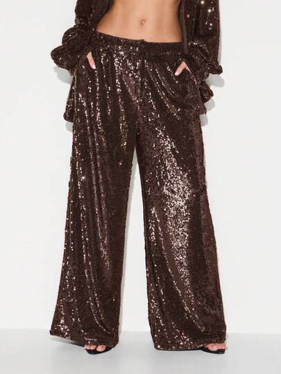 KIZN Wide Leg Sequin Palazzo Pants For Evening Party Formal Occasions High Waisted Flowy Trousers Holiday Festival Sparkly Bottoms