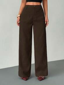 SHEIN PETITE 女士休闲纯色高腰直筒裤 - 棕色 - 查看 3