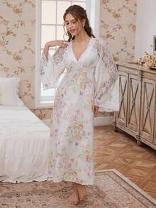 Camisón elegante con estampado floral, manga larga y aplicaciones de encaje, Vestido largo con estampado floral romántico francés de manga larga, Vestido largo de manga larga con estampado floral encantador para otoño/invierno, Camisón romántico y encantador para damas - Multicolor - Ver 6