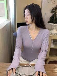 DAZY Women's V-Neck Button Half Placket Fashionable Versatile Long Sleeve T-Shirt - Mauve Purple - View 7