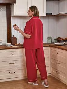 Doze Lane Große Größen Damen Kontrast Saum einfarbiger Kragen Schleife Stickerei Tasche Pyjama Set - Rot - Übersicht 2