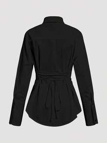 Aloruh 女士优雅刺绣骏马标志纽扣系带衬衫，时尚百搭，适合通勤、返校、秋季女装、秋季上衣，黑色衬衫，新年派对必备 - 黑色 - 查看 7