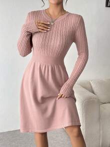 SHEIN Clasi 女士休闲纯色针织连衣裙，秋冬款 - 藕粉色 - 查看 4