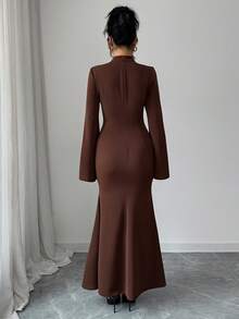SHEIN Elenzya 女士纯色立领喇叭袖褶皱修身鱼尾下摆优雅连衣裙 - 咖啡 - 查看 7