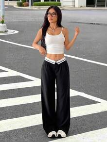 SHEIN EZwear Women Casual Commuting Color-Blocking High Waist Straight-Leg Suit Pants In Fall/Winter - Black - View 4