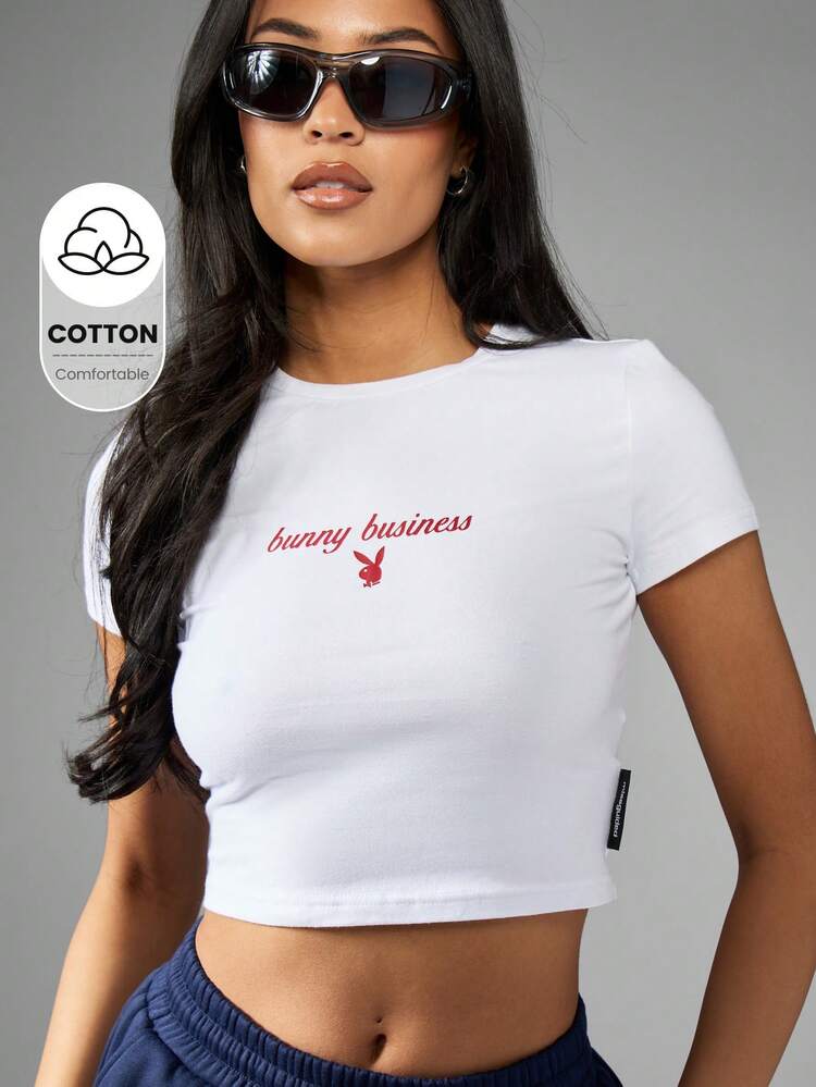 Missguided x Playboy Baby Tee Crop Top Short Sleeve Graphic Print Logo T-Shirt Casual Summer Athletic Basic Streetwear Essential Workout Gym