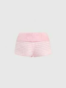 ROMWE Kawaii Coquette Cute & Innocent Girl Striped Tube Top And Shorts 2 Pieces Knit Sweater Set - Pink - View 6