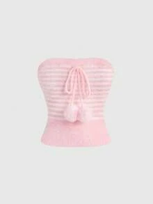 ROMWE Kawaii Coquette Cute & Innocent Girl Striped Tube Top And Shorts 2 Pieces Knit Sweater Set - Pink - View 3