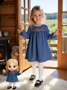 Vintaside Kids 1pc Girls Autumn Dress,Blue Floral Embroidered,Round Neck With Lace Trim,Long Sleeves,Elegant Party Princess,Vintage French Style Casual Dress - Medium Wash - View 3