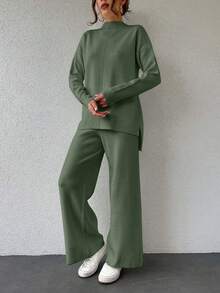 EURMUSE 女式纯色立领长袖毛衣和针织休闲裤两件套，休闲 - 軍綠色 - 查看 4