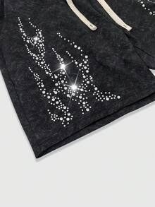 ROMWE MEN Street Life Spring/Summer Casual Graphic Men'S Rhinestone Flame Pattern Drawstring Waist Pocket Casual Shorts - Black - View 6
