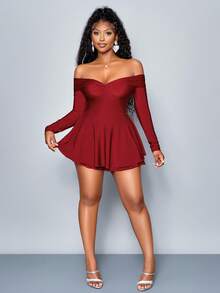 SOLERSUN 女士冬装优雅通勤情人节新年派对女士秋冬女士性感单肩连体裤，腰部修身荷叶边安格拉红色迷你假裙连体裤， - 酒紅色 - 查看 8