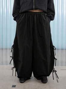 COUREZ Low Rise Baggy Balloon Trousers With Ties Details /Y2K Going Out Outfits Fall Women Clothes Fall Clothes Winter Clothes Wide Leg Pants - Black - View 4