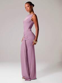 MUSERA 斜领系带垂褶修身无袖长款连衣裙，适合伊比沙岛度假、春夏音乐节、锐舞派对、海滩派对、浪漫舞会、毕业典礼、优雅生日派对、婚礼宾客等场合。 - 紫色 - 查看 2