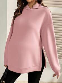 SHEIN 孕妇纯色落肩长袖侧开衩休闲卫衣，适合孕妇穿着，女士卫衣，宽松版型卫衣。 - 粉色 - 查看 5