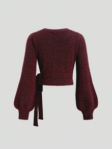 Sweetra 2pcs/Set Brown Italian Lace-Up Slim Fit V-Neck Cardigan And Straight Wide Leg Pants, Casual Elegant Streetwear Knit Sweater Set, Autumn/Winter - Burgundy - View 4