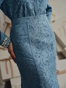 Anewsta Women's Elegant Jacquard Fabric Mermaid Skirt - Blue - View 6