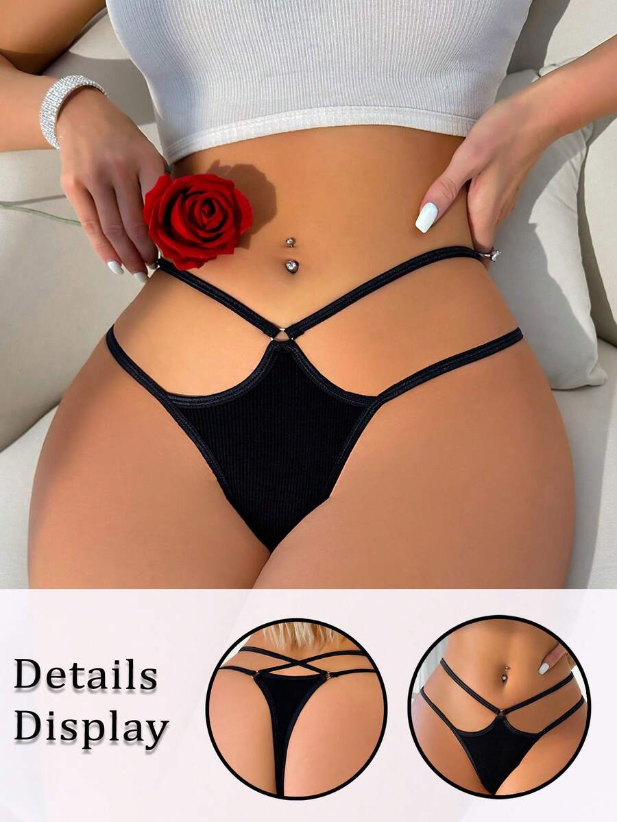1pc Women's Solid Color Hollow-Out Minimalist Thong Panties, Casual Daily Wear - Black - View 1