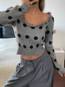 DAZY Áo len dệt kim ngắn tay dài chấm bi viền bèo nhún cổ vuông thường ngày cho nữ, mùa xuân/thu - Xám - Xem 4