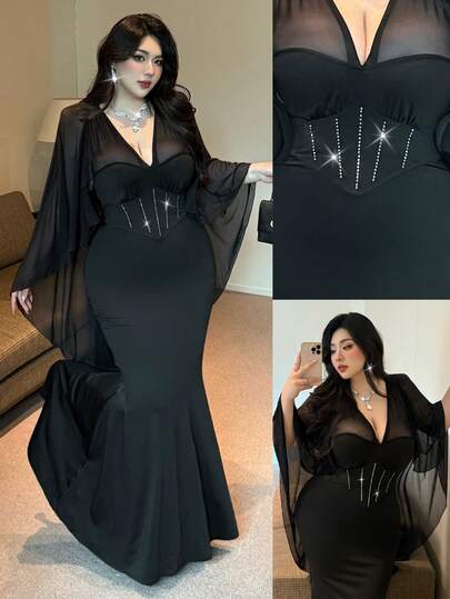 Vibekara Vestido largo de fiesta de talla grande con escote en V, parches de malla, volantes y falsos diamantes, estilo sirena, transparente y elegante, para otoño/invierno