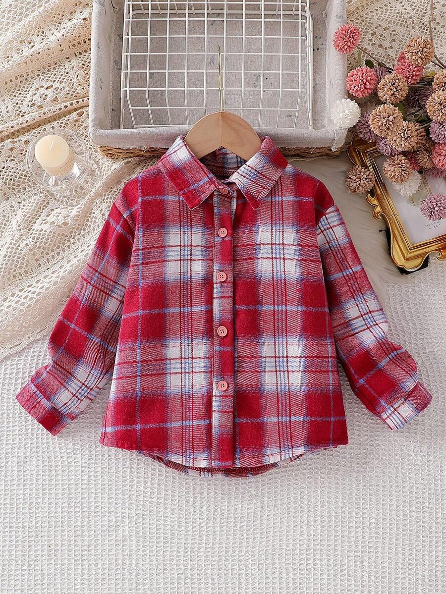Girls' Casual Long Sleeve Plaid Shirt Jacket, Lapel Collar, Asymmetric Hem, Fashion Blouse Suitable For Vacation, Travel, Outings, Spring & Autumn - Red - View 1