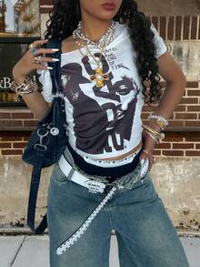 Rovax Women's Letter & Figure Print Fitted Cropped Oblique Shoulder Short Sleeve T-Shirt - White - View 5