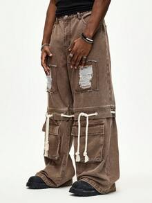 ROMWE MEN Street Life Men's Brown Distressed Lace-Up Straight Leg Jeans - Brown - View 4