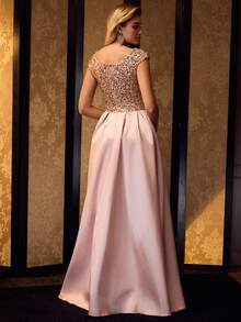 MOTF Soiréza Váy maxi dự tiệc tay ngắn cổ tim thanh lịch dành cho nữ, chất liệu vải sequin kết hợp với viền satin cỡ lớn, hoàn hảo cho tiệc cưới, dạ hội và tiệc tối lễ hội - Rượu sâm banh - Xem 4