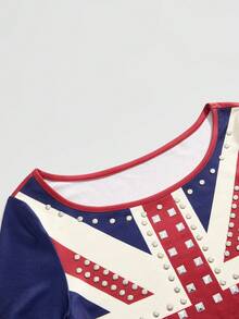 ROMWE Avant Áo thun dài tay in hình cờ Anh phong cách trường đại học Mỹ Y2K Baddie màu tương phản đính đá đinh tán - Nhiều màu - Xem 3