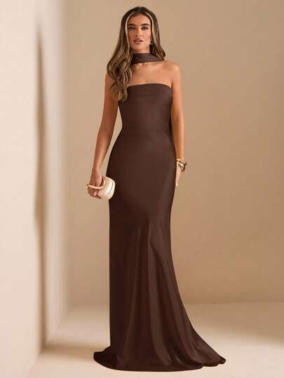 SHEIN BAE Elegant axelbandslös klänning utan rygg med skärp, sexig enfärgad krämgul formell klänning för fest, cocktail, bröllop, födelsedag, brudtärna