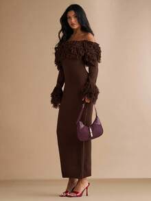 Silquee Women's Fashionable Elegant Off Shoulder Fitted Sweater Dress In Fall/Winter - Coffee Brown - View 5