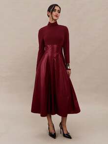 Modelyn 女士纯色立领修身优雅长袖中长连衣裙 - 酒紅色 - 查看 6