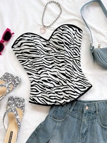 Soleia 复古宫廷风彩色花卉提花印花抹胸上衣，后背纽扣系带设计，适合度假穿着 - 黑與白 - 查看 1