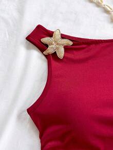 Soleia 新款休闲度假西部海滩婚礼宾客礼服，毕业早午餐，圣帕特里克节，春假，复活节，音乐节，优雅波西米亚热带风情毛绒棕色针织不对称露肩花卉露背两件套女装 - 彩色 - 查看 6