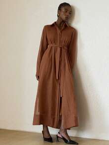 Aveloria Modichic Pleated Front Casual Chic Versatile Slim Fit French Style Long Dress - Brown - View 5