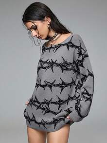 ROMWE Grunge Punk Autumn/Winter Fashion Punk Thorn Pattern Loose Pullover Sweater