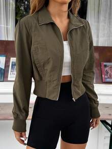 SHEIN EZwear 女士立领修身短款秋冬夹克 - 棕色 - 查看 6