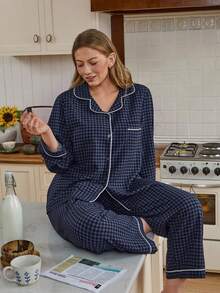 Doze Lane Conjunto de pijama plus size com estampa xadrez, gola lapela e mangas compridas. - Azul - Ver 6