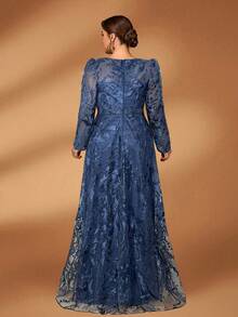 Serin Stunning Plus Size Mother Of The Bride Navy Blue Maxi Dress Mesh Fabric Long Sleeve Round Neck A Line - Navy Blue - View 2