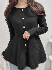 FRIFUL Women's Metal Button Decor Ruffle Hem Loose Solid Color Cardigan - Grey - View 1