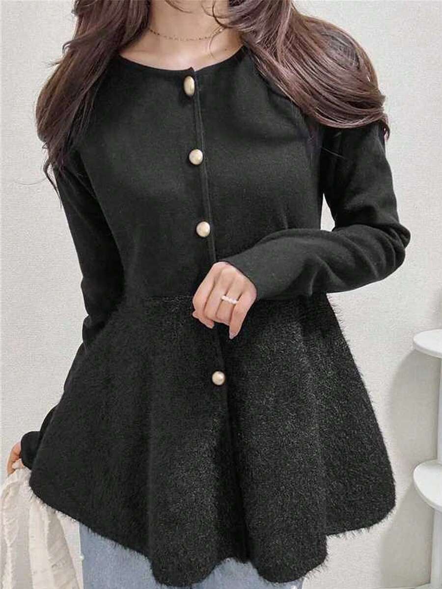 FRIFUL Women's Metal Button Decor Ruffle Hem Loose Solid Color Cardigan - Grey - View 1