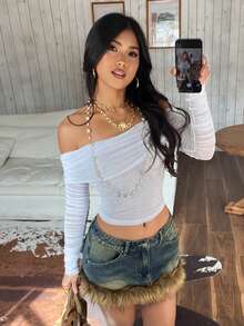 SHEIN PETITE 女士口袋拼接毛绒性感时尚紧身牛仔迷你裙 - 藍色 - 查看 2