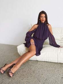 Aloruh Purple Red Long Sleeve Off-Shoulder Dress, Casual Commuter Elegant Dress With Small Stand Collar, Spring,Casual Dresses For Women,Vacation Outfits For Women,Elegant Dresses For Women,Birthday Party Dress,Wedding Guest Dress For Women,Valentine's Day Outfit,Spring Dress Women,Solid Color Dress,Mini Dress, Short Dress - Purple - View 7