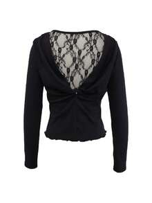 Seusyu Women's Comfortable Contrast Lace Twist Design Long Sleeve Fashionable Blouse - Black - View 2