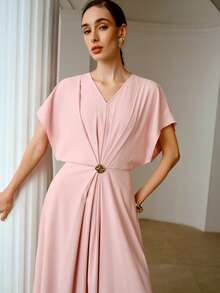 ZEYLAH 优雅长袖连衣裙，饰有装饰纽扣，浪漫春夏款，情人节必备 - 藕粉色 - 查看 1