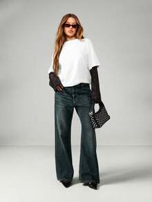 MISSGUIDED 超大蕾丝袖长袖T恤叠穿上衣休闲撞色细节宽松圆领套头衫秋冬叠穿衬衫 - 黑與白 - 查看 4