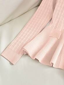 Elegant Chic Minimalistisk Ihålig Rund Hals Långärmad Volang Fållficka Metallisk Rosett Knapp Twist Textur Damtröja, Höst/Vinter - Rosa - Visa 3