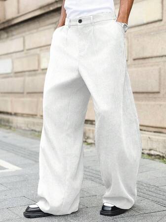 Manfinity Roghcode Plus Size Men's Casual Everyday Workwear Loose Fit Solid Color Slant Pocket Wide Leg Pants White Baggy Pants Men White Pants White Sweat Pants Japanese Pants Men Men White Linen Pants